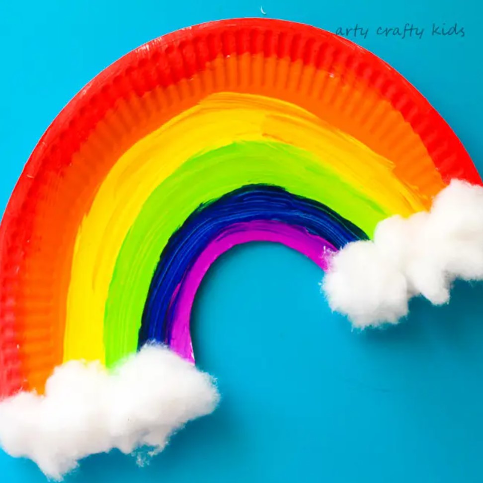 spring arts and crafts idea of rainbow made from a paper plate.